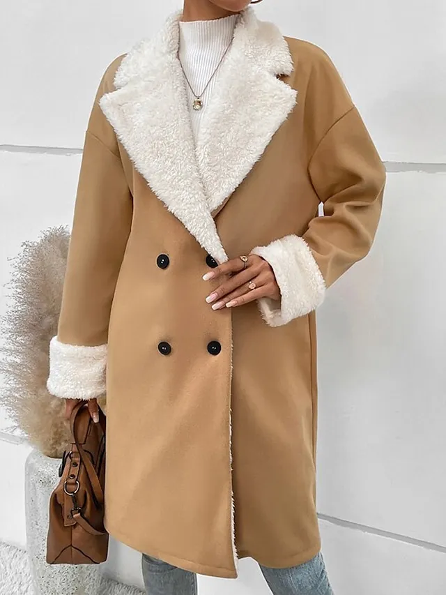 Women's Coat Warm Breathable Outdoor Casual Daily Wear Button Double Breasted Turndown Fashion Daily Modern Solid Color Regular Fit Outerwear Long Sleeve Fall Winter Khaki S M L XL 2XL