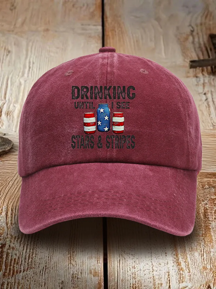 Drinking Until I See Stars And Stripes Print Washed Baseball Cap