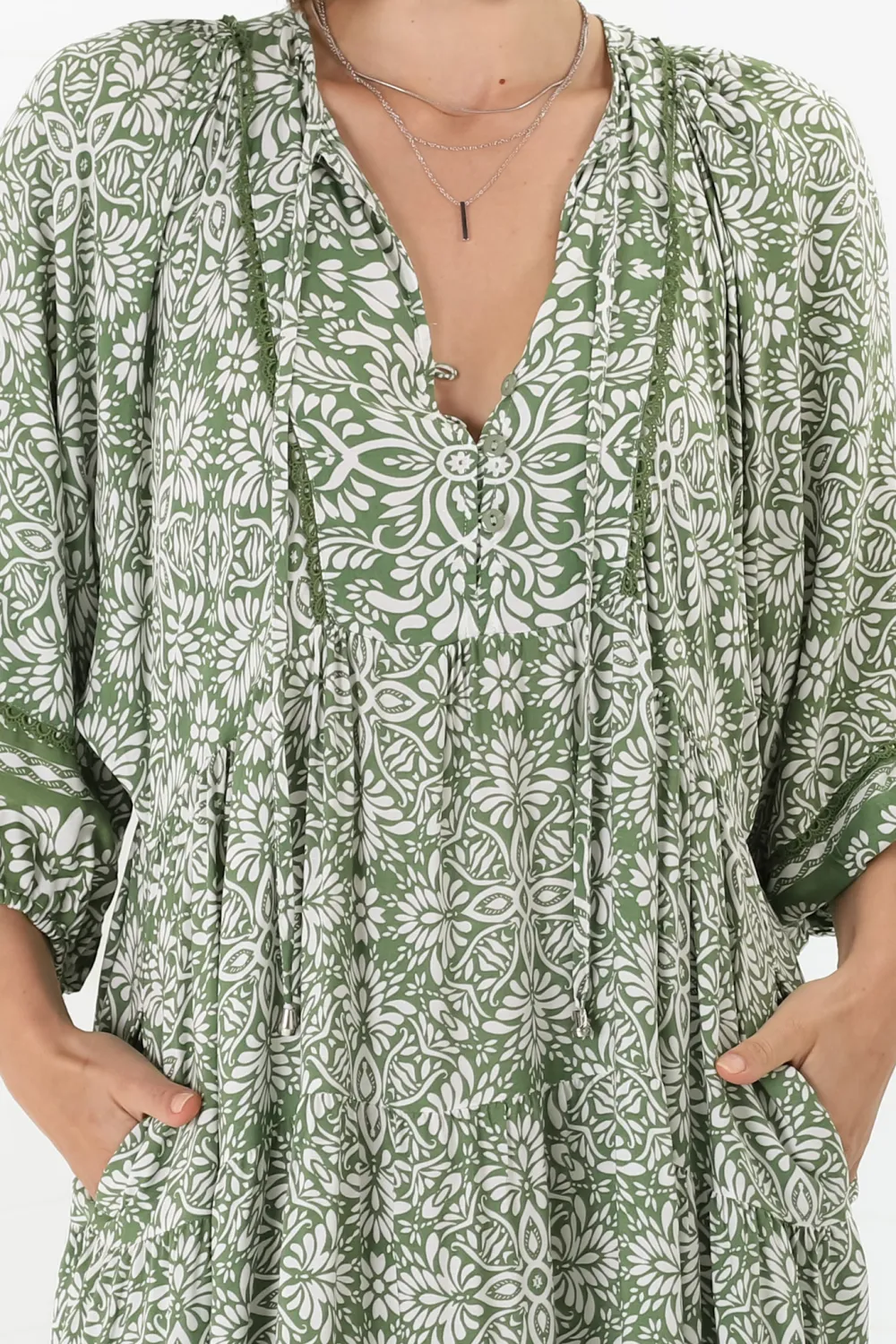 Green Patterned Lantern Sleeve Midi Dress