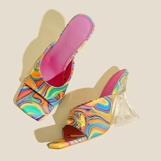 Women's Mules Daily Summer High Heel Open Toe Casual PU Leather Loafer Black Rainbow
