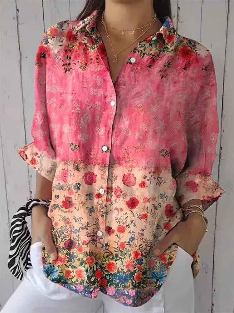 Women'S Floral Print Long-Sleeved Lapel Shirt