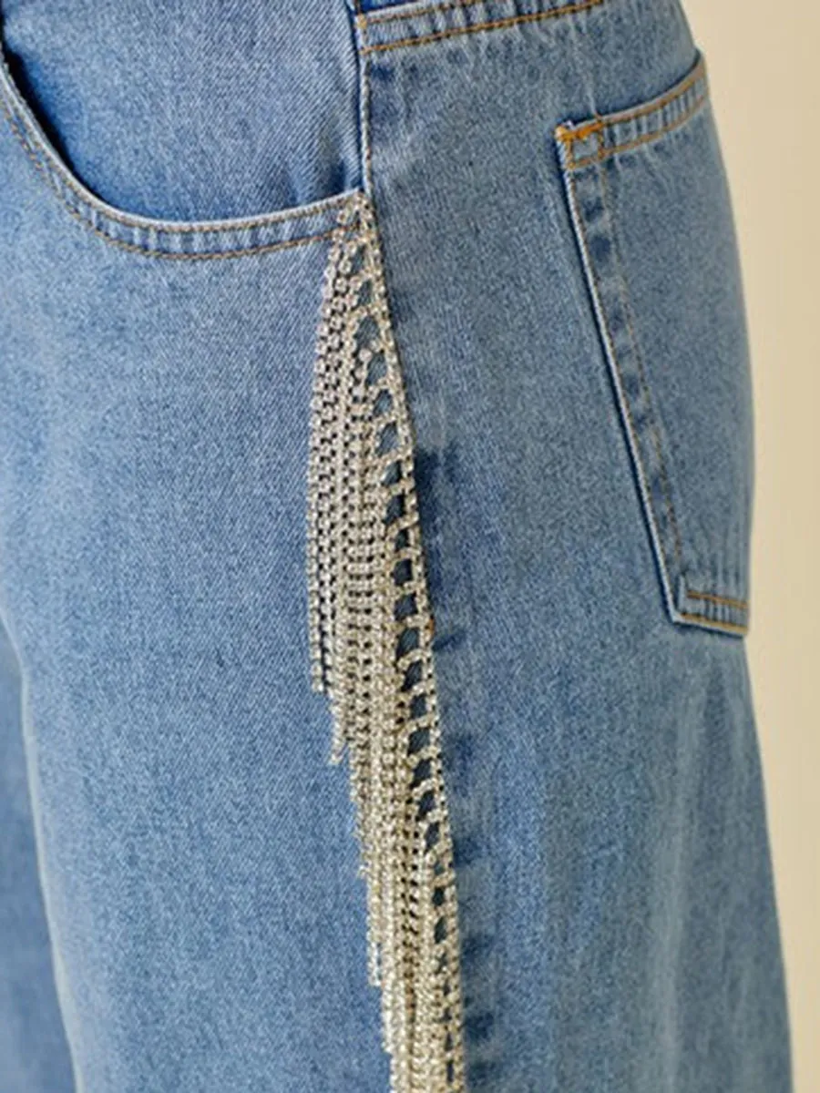 Side Sequin Fringe Jeans