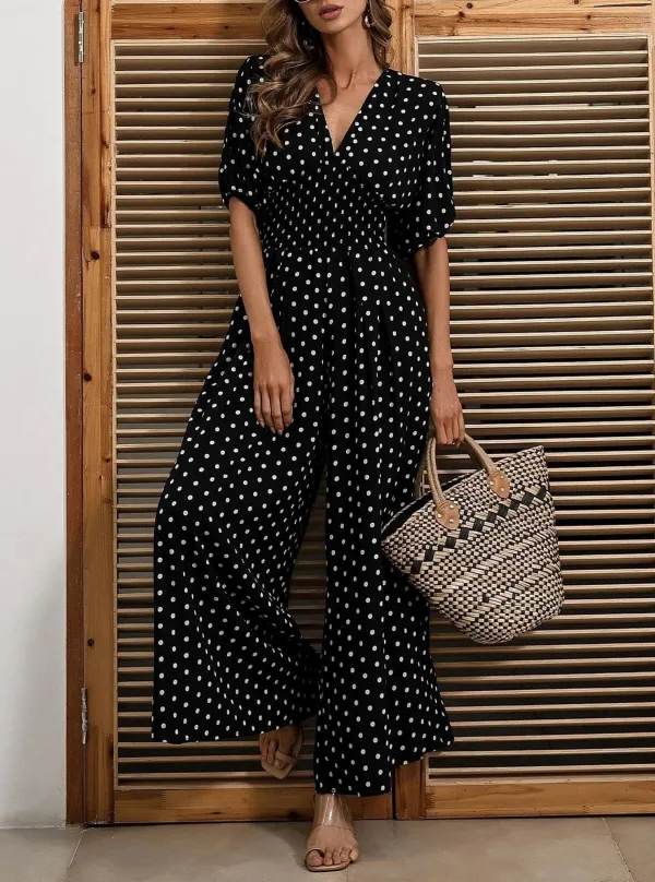 Polka Dot Shirred Waist Jumpsuits