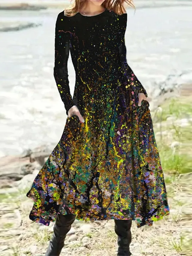 Women‘s Casual Dress Swing Dress Midi Dress Blue Yellow Rainbow Long Sleeve Color Gradient Pocket Print Winter Fall Crew Neck Vacation Casual Fall Dress 2023 S M L XL XXL 3XL