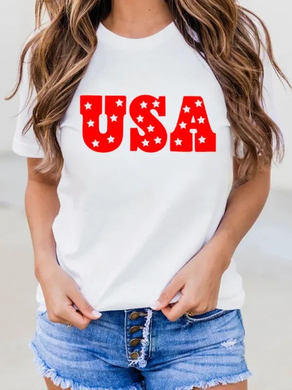 USA Print Round-Neck Short-Sleeved T-Shirt