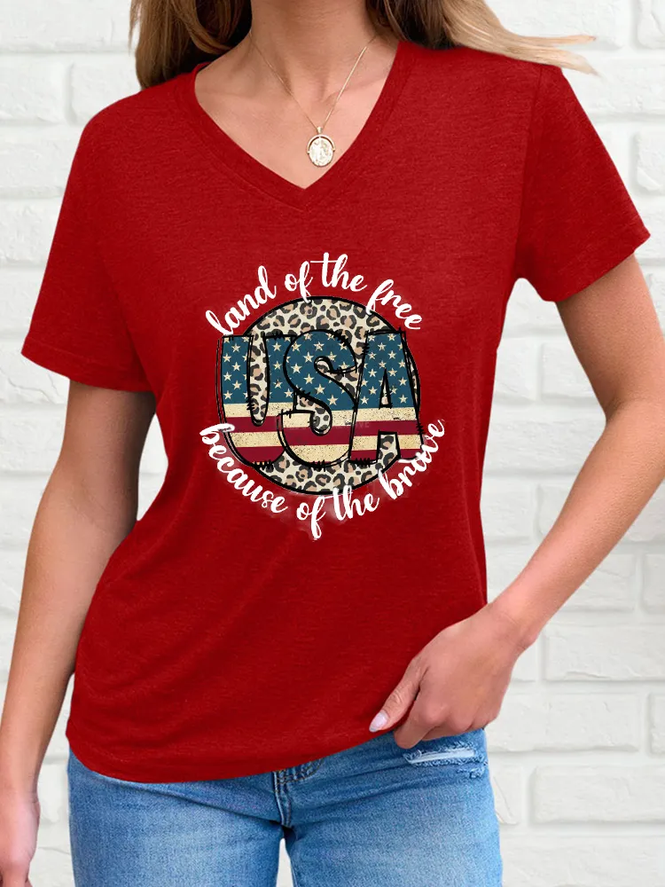 Woman'S Land Of The Free Because Of The Brave V-Neck And Short Sleeves T-Shirt