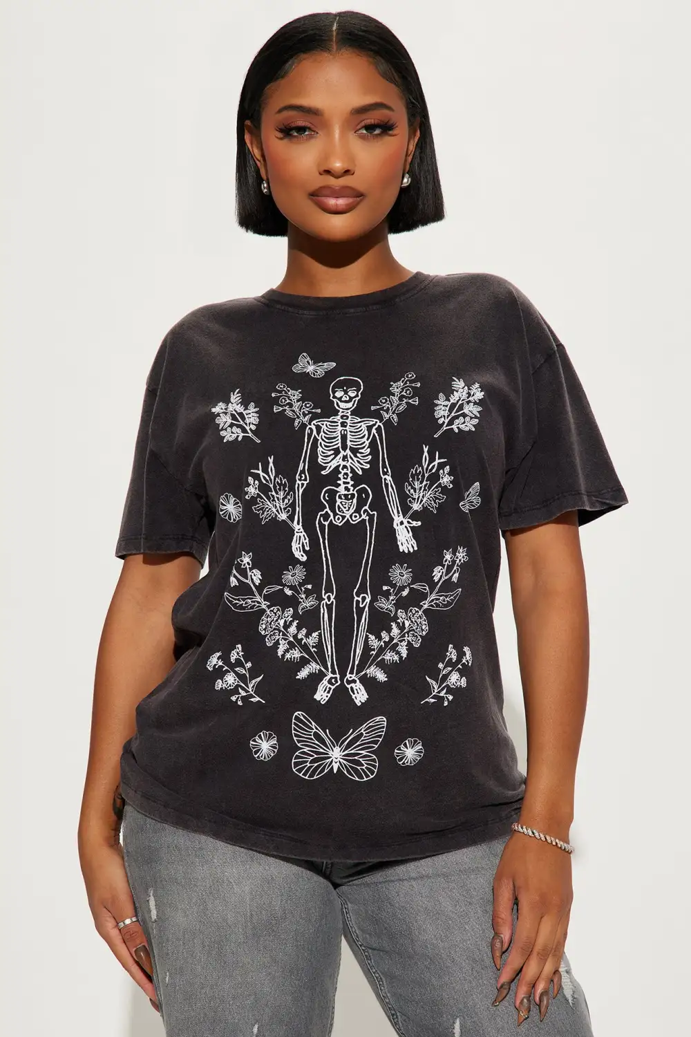 Skeleton And Flower Washed Tee - Black Wash