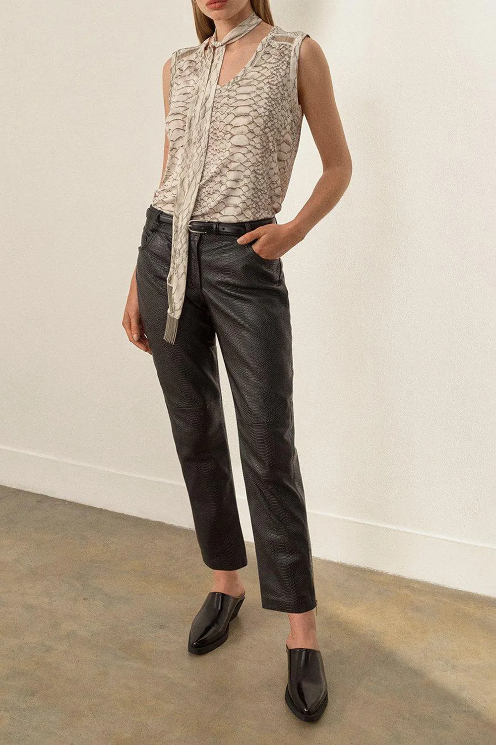 Snake Print Leather Slim Leg Low Rise Trousers