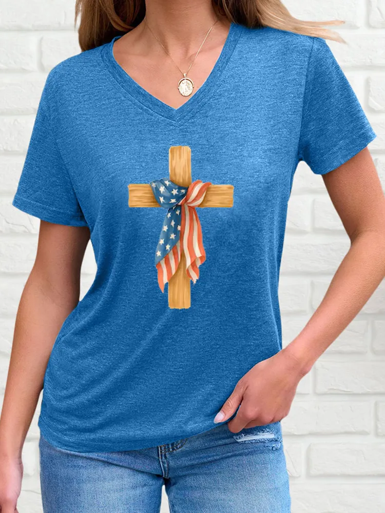 Woman'S Independence Day And Faith Print Short-Sleeved T-Shirt