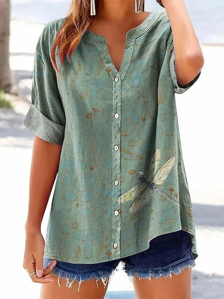 Women's Casual Floral Dragonfly V-Neck Short-Sleeved Cotton and Linen Shirt