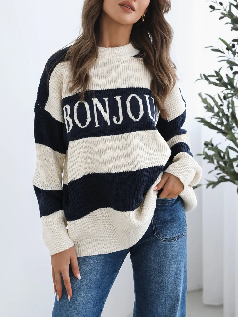 Navy Multi Casual Style Crew Neck Knit