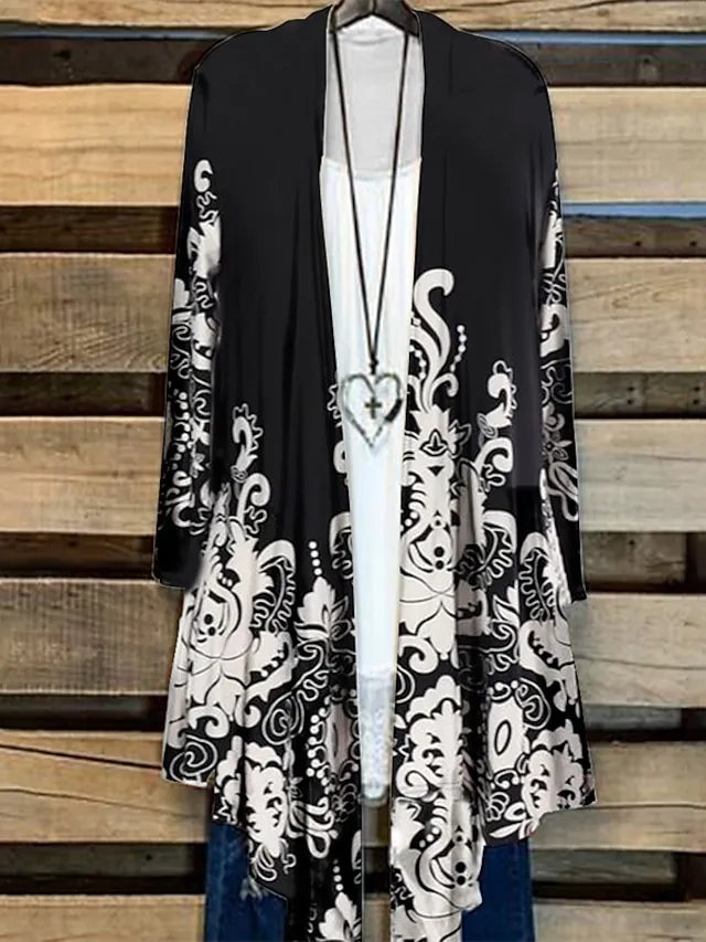 Women's Plus Size Jacket Sequins Print Floral Tie Dye Color Gradient Holiday Date Long Sleeve Open Front Regular Winter Fall Green Black Purple L XL XXL 3XL