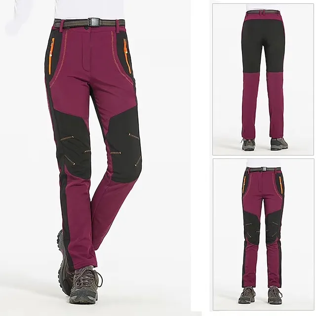 Women's Fleece Lined Pants Waterproof Hiking Pants Black Trousers Softshell Pants Winter Outdoor Thermal Warm Windproof Lightweight Elastic Waist Bottoms Army Green Burgundy Orange Camping