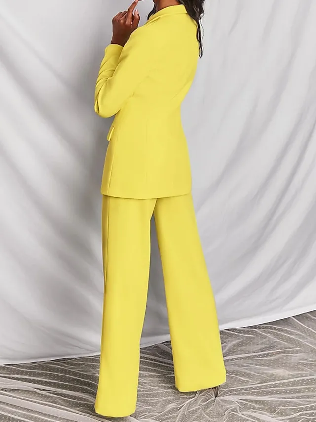 Women's Blazer Suits 2 Pcs Single Breasted Lapel Blazer & Pants Fall Fashion Party Outfit Business Formal Jacket Set Black Blue Pink