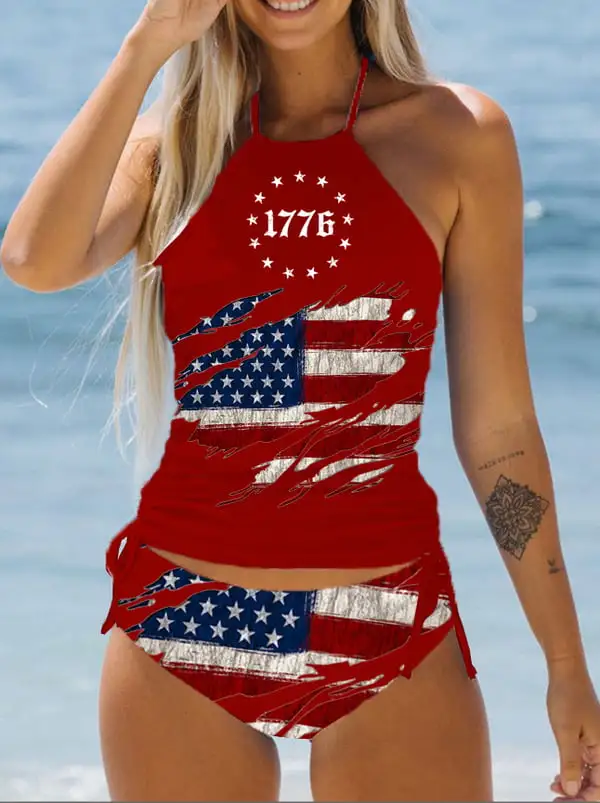 Women'S 1776 Damaged Stars And Stripes Printed Swimsuit Set