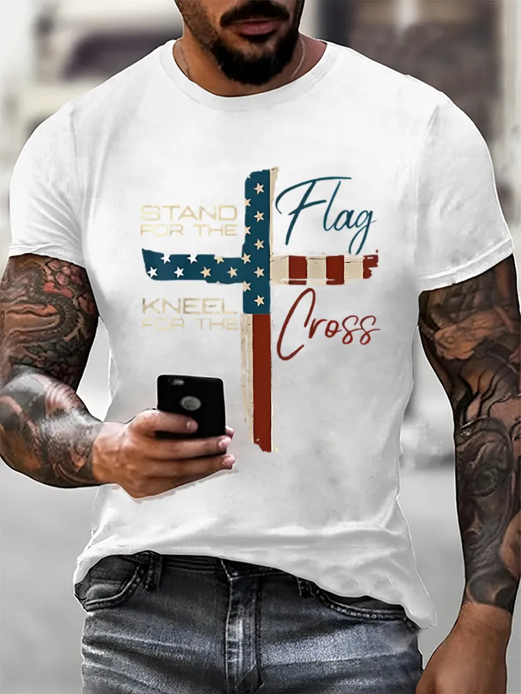 Man'S Stand For The Flag Kneel For The Cross Print Round-Neck Short-Sleeved T-Shirt