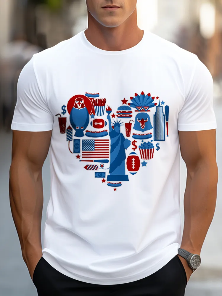Man'S Heart-Shaped Print Round-Neck Short-Sleeved T-Shirt