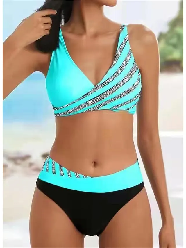 Women's Swimwear Bikini 2 Piece Normal Swimsuit Backless 2 Piece Push Up Sexy Printing Leaf Striped Black Light Green Wine Lavender Purple V Wire Bathing Suits New Vacation Stylish