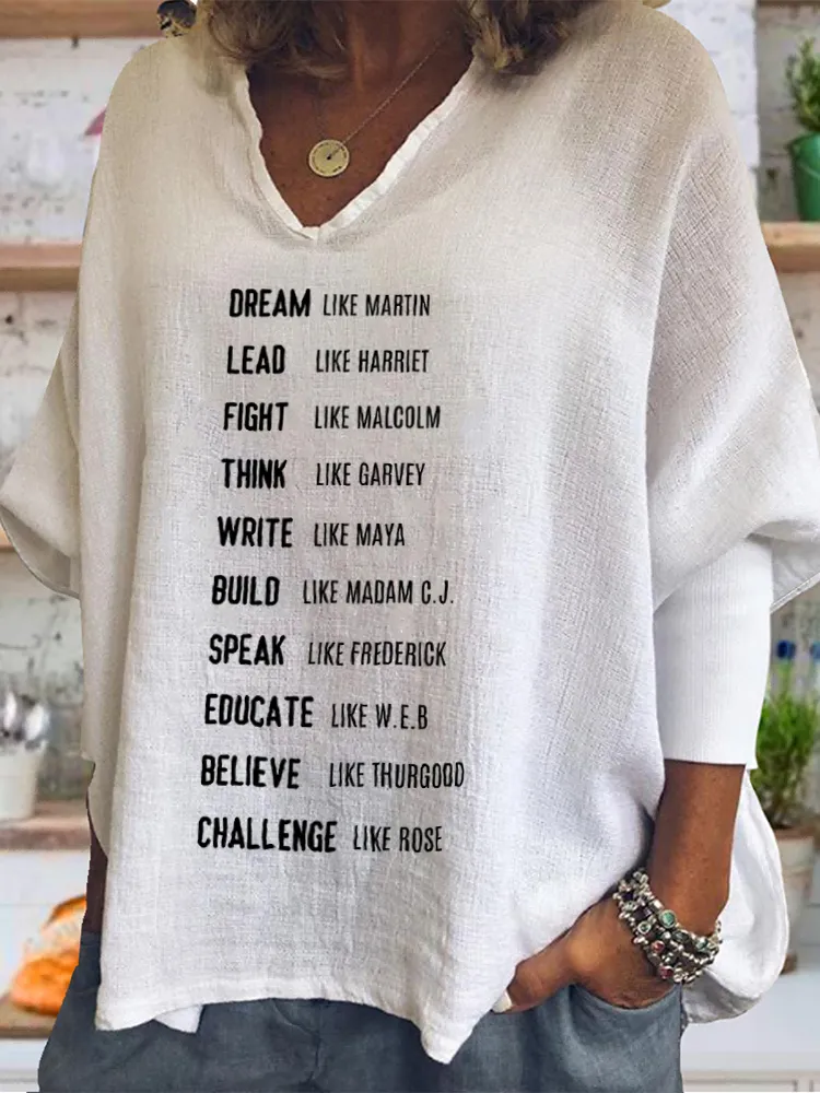 Women'S Dream Like Martin Fight Like Malcom Lead Like Harriet Think Like Garvey Build Like Madam C.J. Speak Like Frederick Educate Like W.E.B. V-Neck T-Shirt