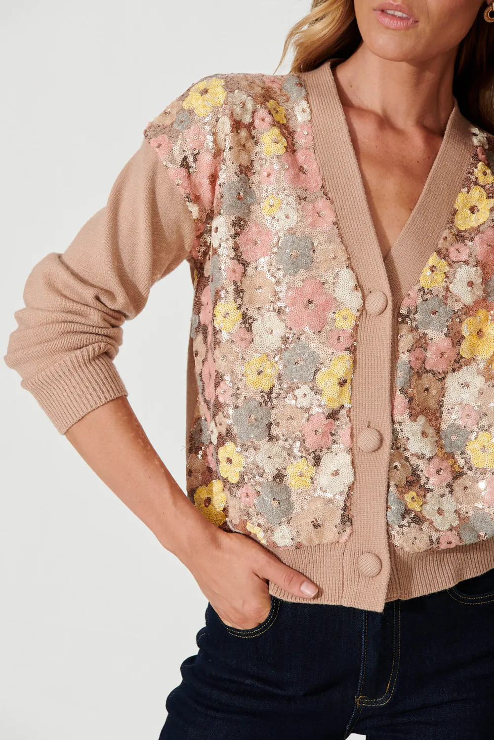 Brown Floral Sequined Cardigan