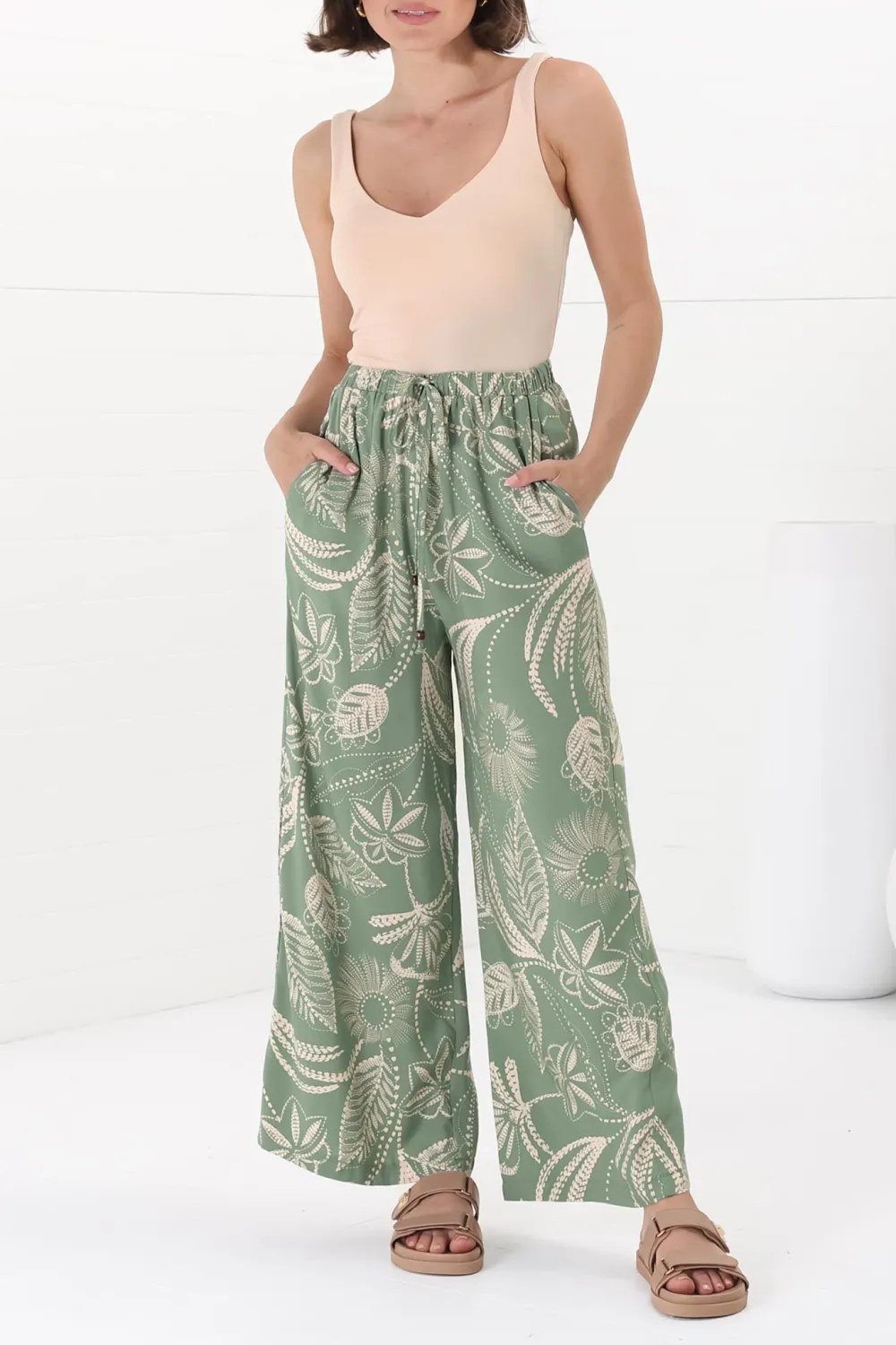 Green Leaf Print High Waist Wide Leg Pants