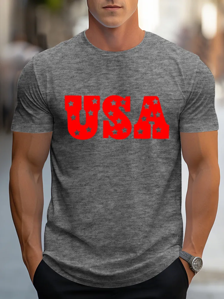 Man'S USA Print Round-Neck Short-Sleeved T-Shirt