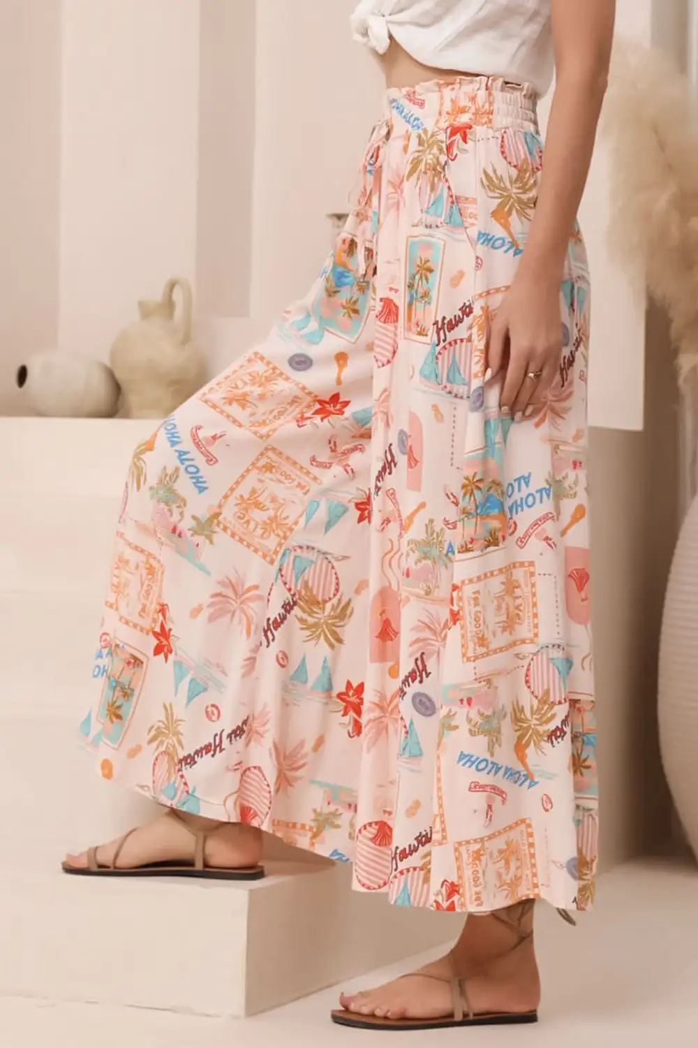 Pink Floral Print High Waist Wide Leg Pants