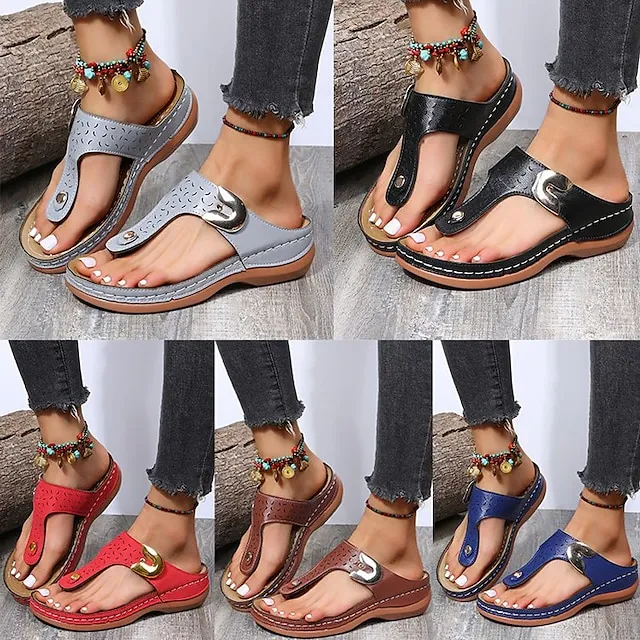 Women's Sandals Wedge Sandals Plus Size Outdoor Daily Summer Sequin Flat Heel Wedge Heel Open Toe Casual PU Leather Loafer Solid Colored Black Red Blue