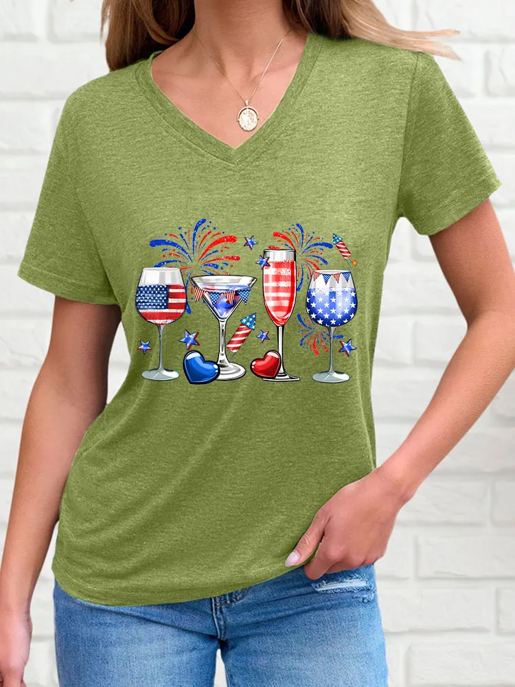 Woman'S Firework Star Bar Goblet V-Neck And Short Sleeves T-Shirt