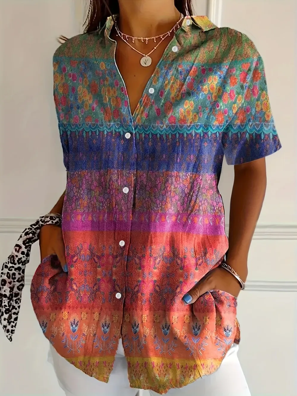 Women's Casual Vintage Contrast Floral Print Shirt