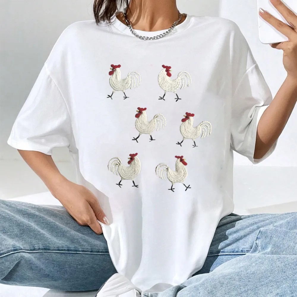 T-Shirt Animals Chicken Women Printed Round Neck Short Sleeve