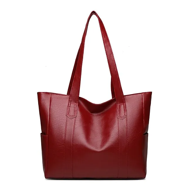 Women's Handbag Tote Shoulder Bag PU Leather Office Shopping Daily Zipper Solid Color Black Red Purple