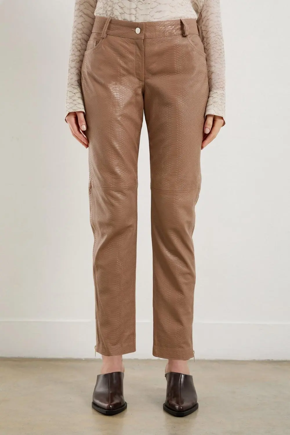 Snake Print Leather Slim Leg Low Rise Trousers