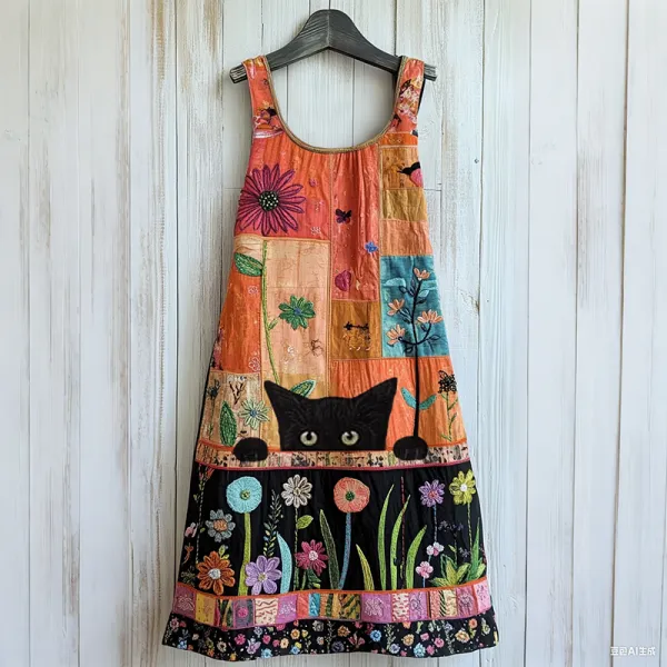Vintage Abstract Creative Cute Cat In Floral Art Embroidered Cozy Linen Midi Dress