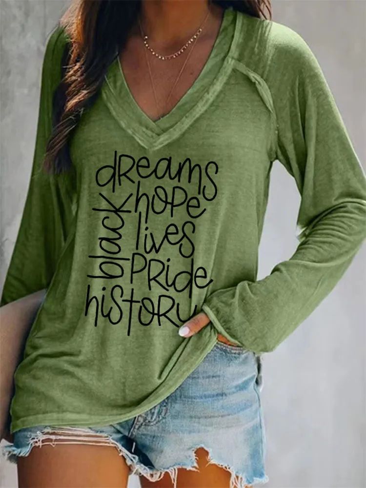 Women'S V-Neck Long-Sleeved T-Shirt Black History Dreams Hope Lives Pride