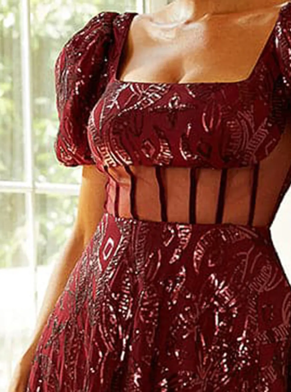 Square Neck Short Sleeve Sequin Red Mini Dress