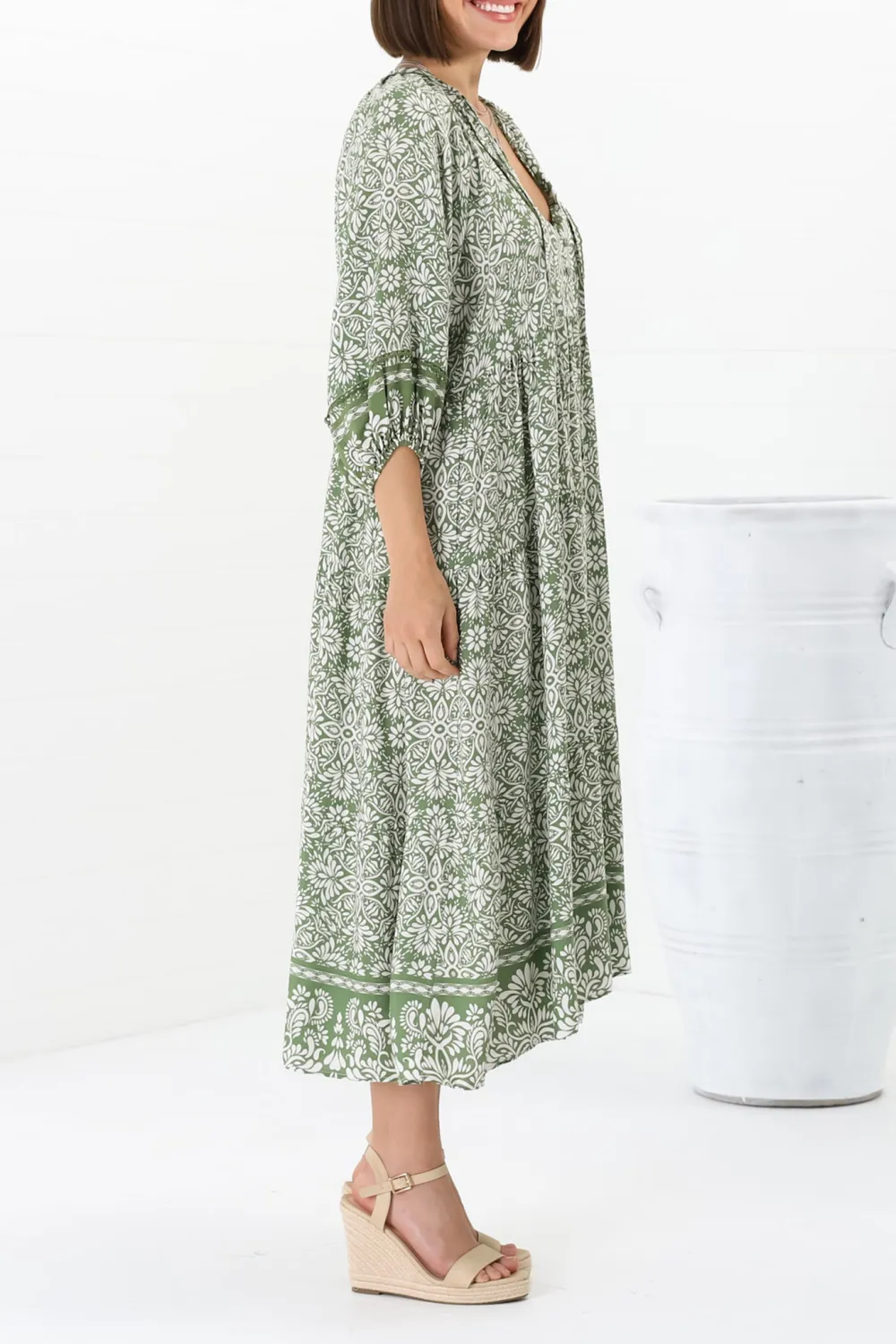Green Patterned Lantern Sleeve Midi Dress