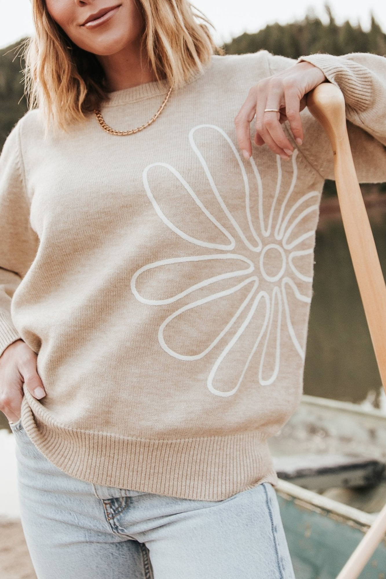Classic Daily Leisure Embroidery Print Natural Top