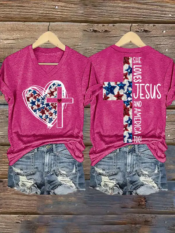 Woman'S She Loves Jesus And America Too! V-Neck Short-Sleeve T-Shirt
