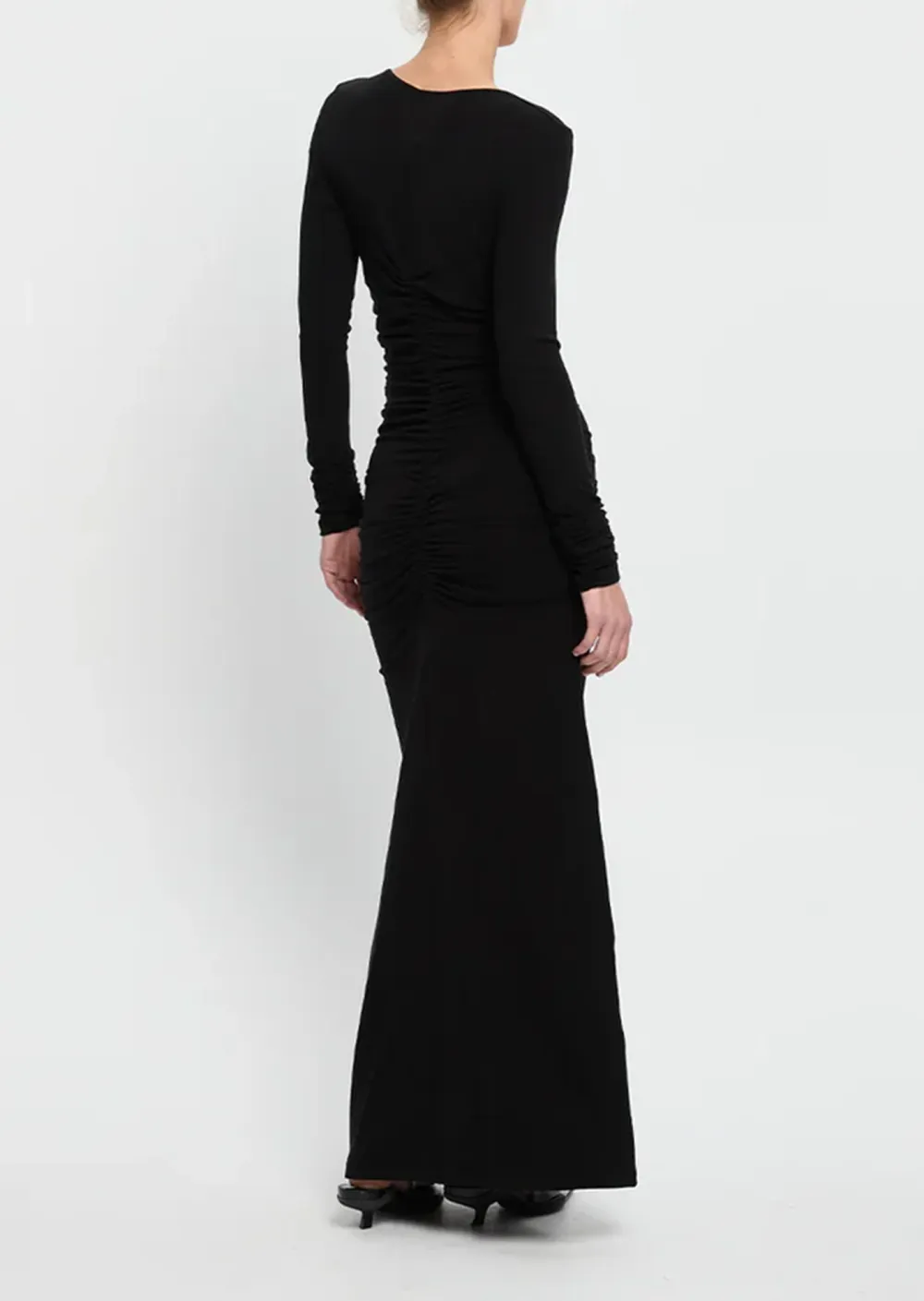 Long Sleeved V Neck Ruched Maxi Dress