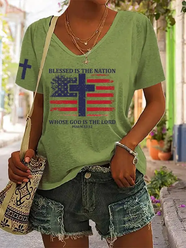 Woman'S Blessed Is The Nation Whose God Is The Lord Short-Sleeve V-Neck T-Shirt