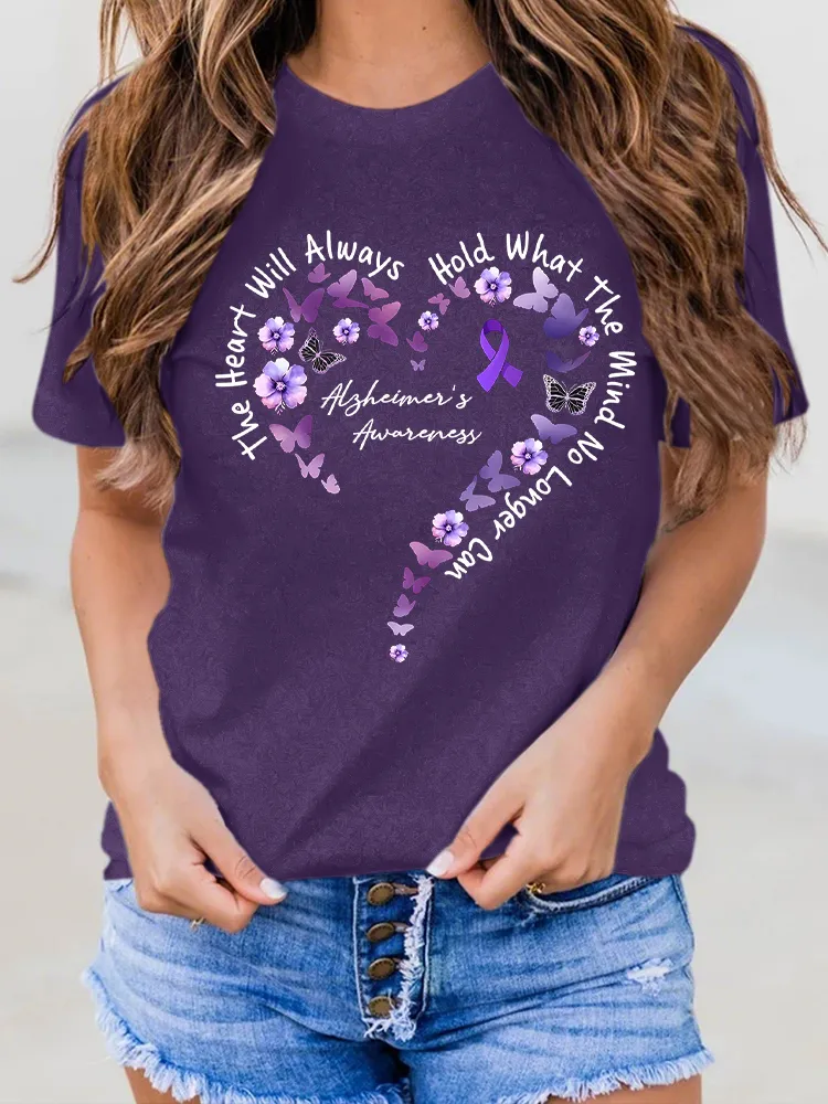 Women'S The Heart Will Always Hold What The Mind No Longer Can Alzheimer'S Awareness Round-Neck Short-Sleeved T-Shirt