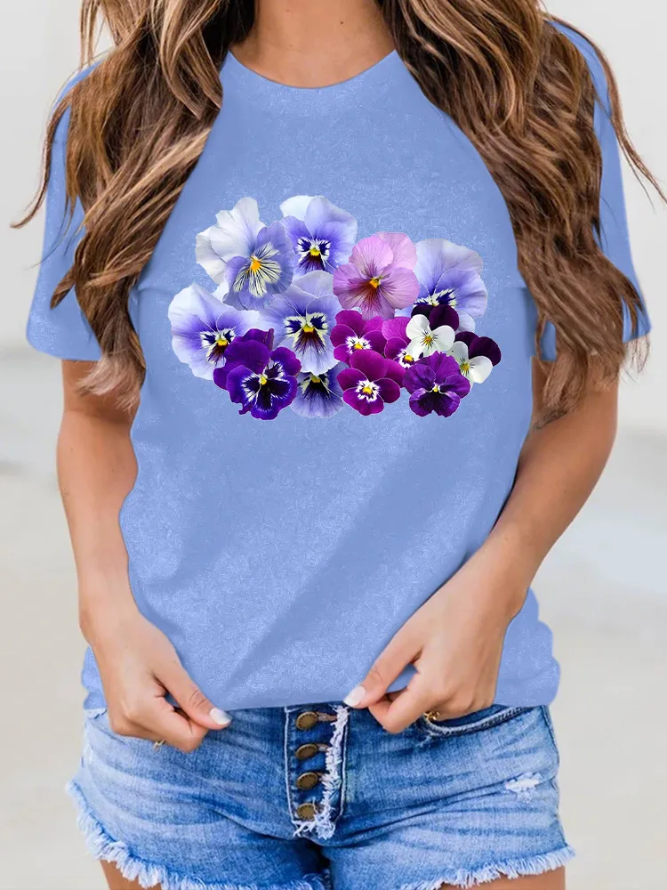 Women'S Floral Printed Alzheimer'S Awareness Round-Neck T-Shirt
