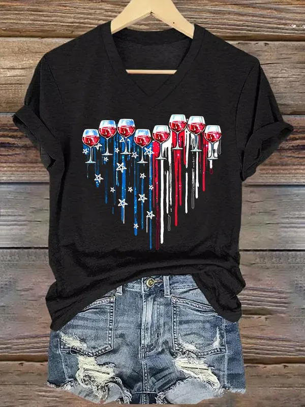Woman'S Heart-Shaped Star Stripe Prints And Red Wine Glasses V-Neck Short-Sleeve T-Shirt