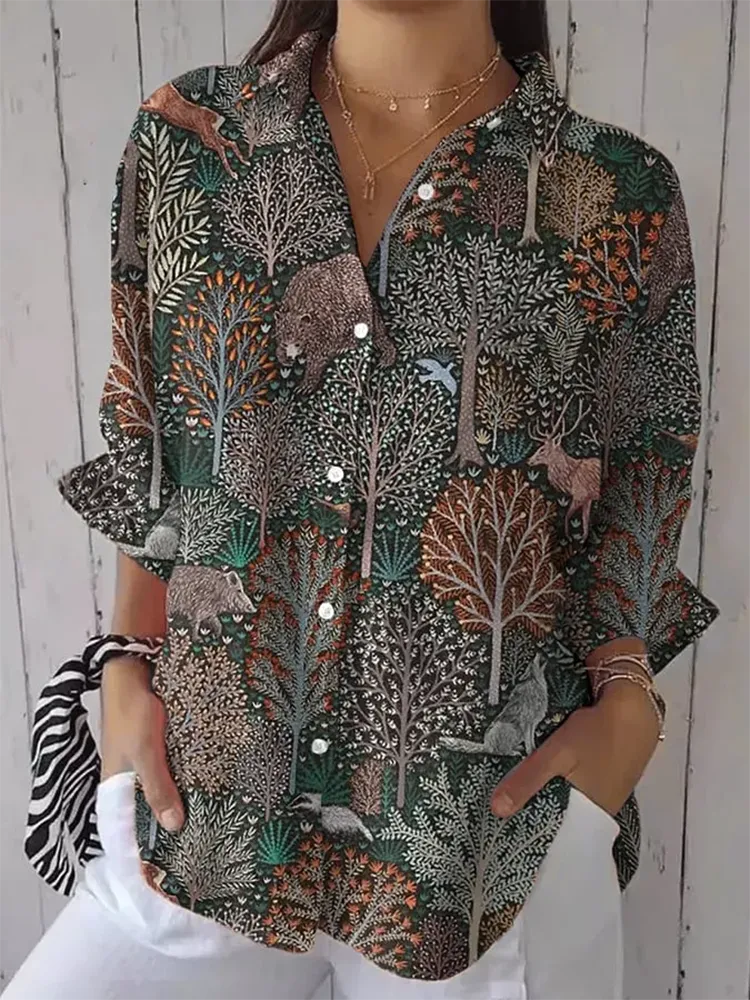 Women'S Retro Protect Forest Animals Print Casual Shirt