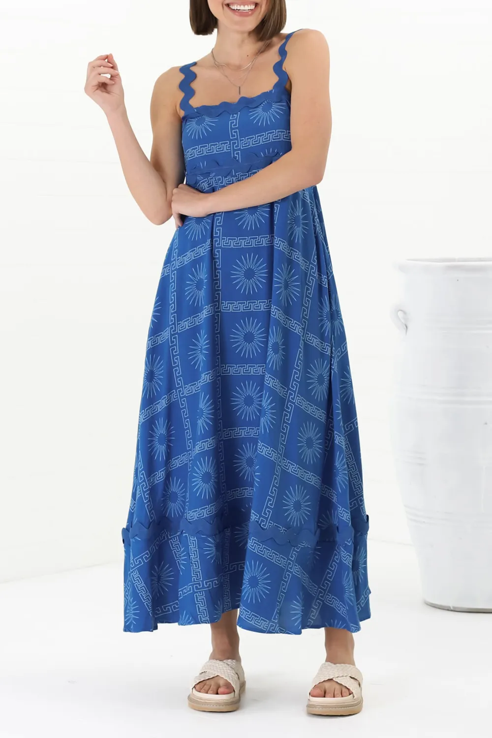 Blue Patterned Scallop Strap Maxi Dress