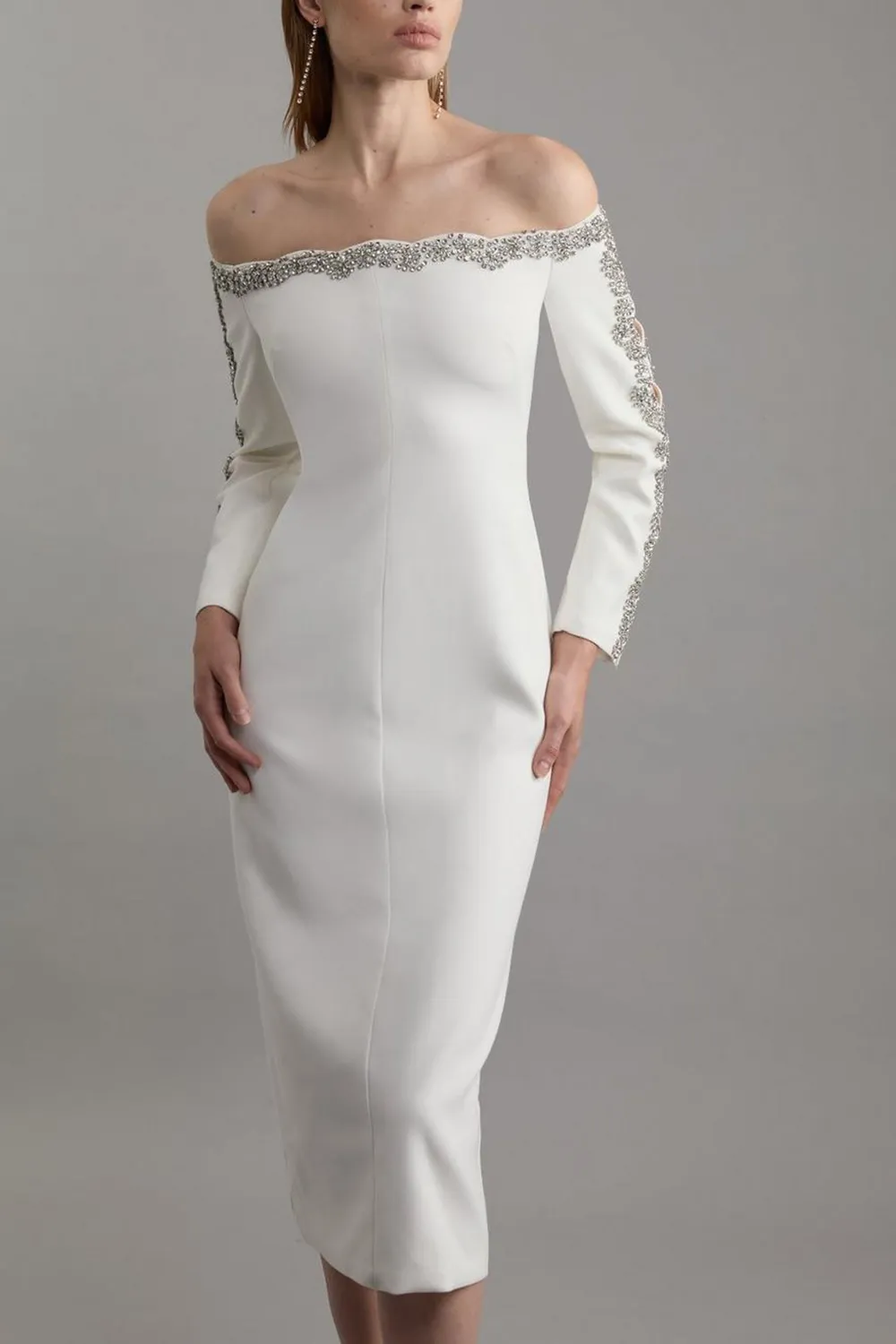 Crystal Embellished Scalloped Bardot Tailored Midaxi Dress