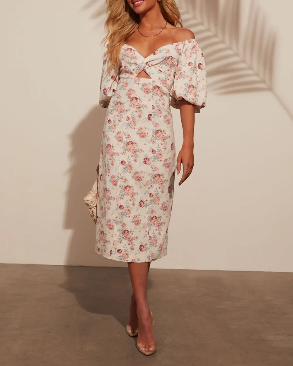 Puff Sleeve Printed Midi Dress