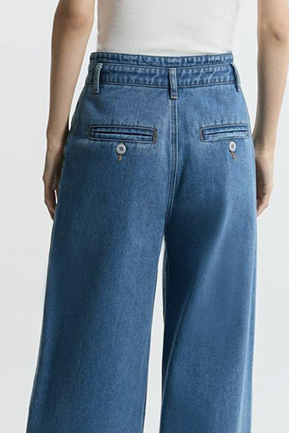 Denim Waistband Detail Wide Leg Trousers