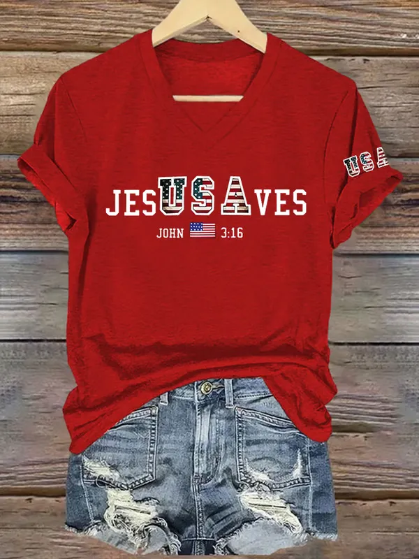 Woman'S Jes Usa Ves John 3:16 V-Neck Short-Sleeve T-Shirt